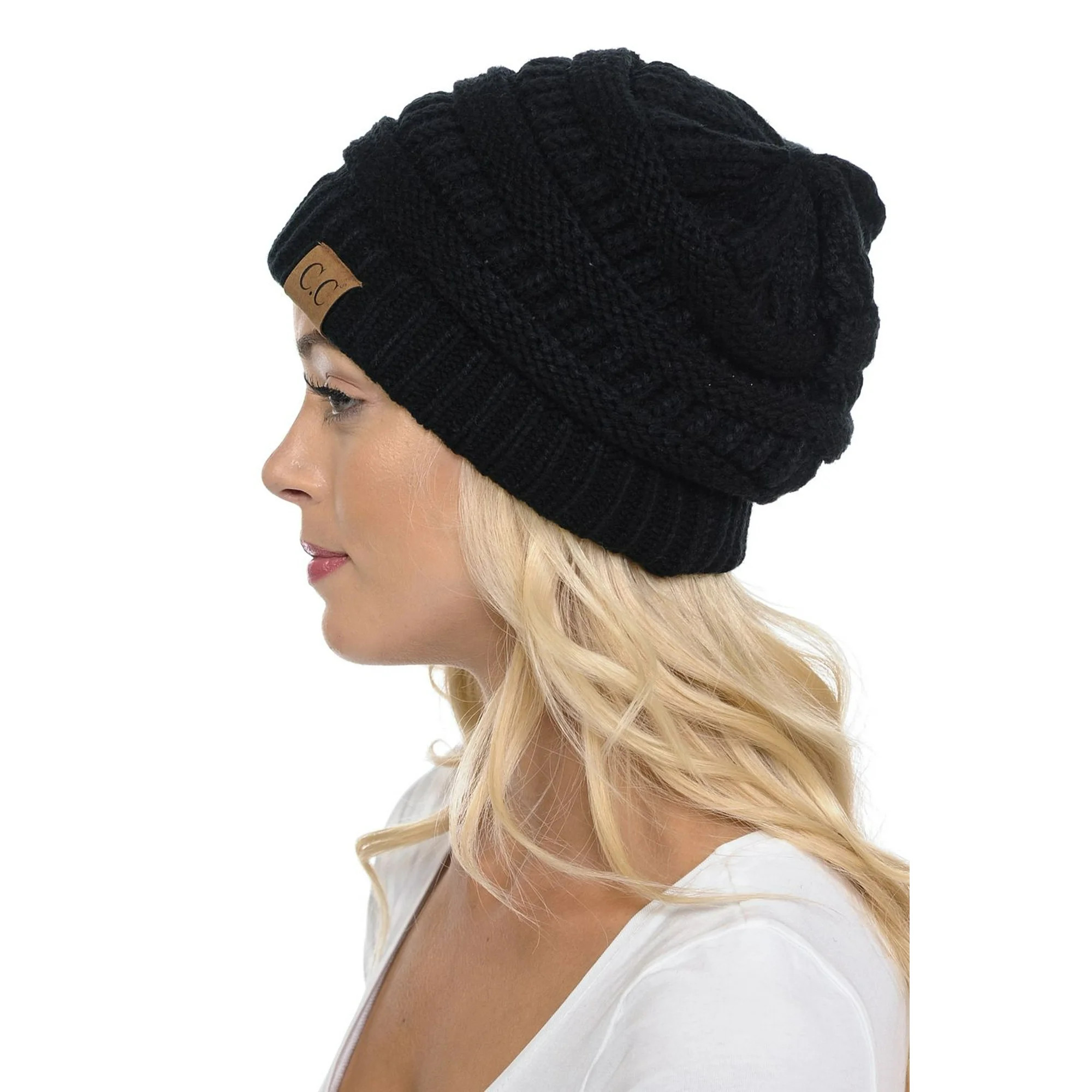 C.C Hat-20A Slouchy Thick Warm Cap Hat Skully Color Cable Knit Beanie Black - Walmart.com | Walmart (US)