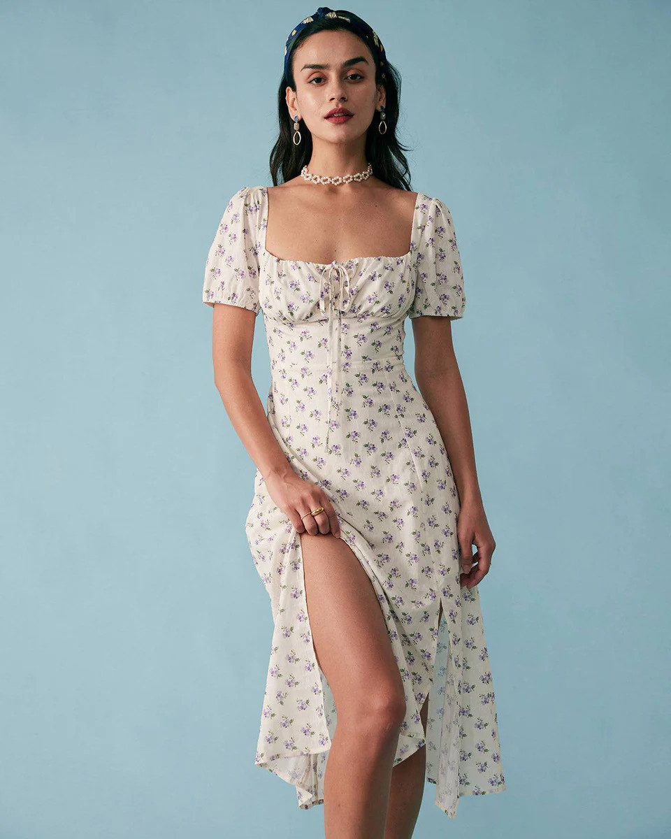 Ditsy Floral Tie Side Split Midi Dress - Women's Square Neck Silt Dresses - Beige - Dresses | RIH... | rihoas.com