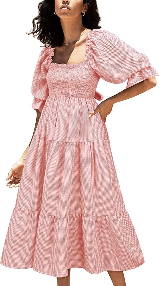UIMLK Women's Puff Sleeve Smocked Gingham Off The Shoulder Back Bow Tie Flowy Cottagecore Bohemian R | Amazon (US)