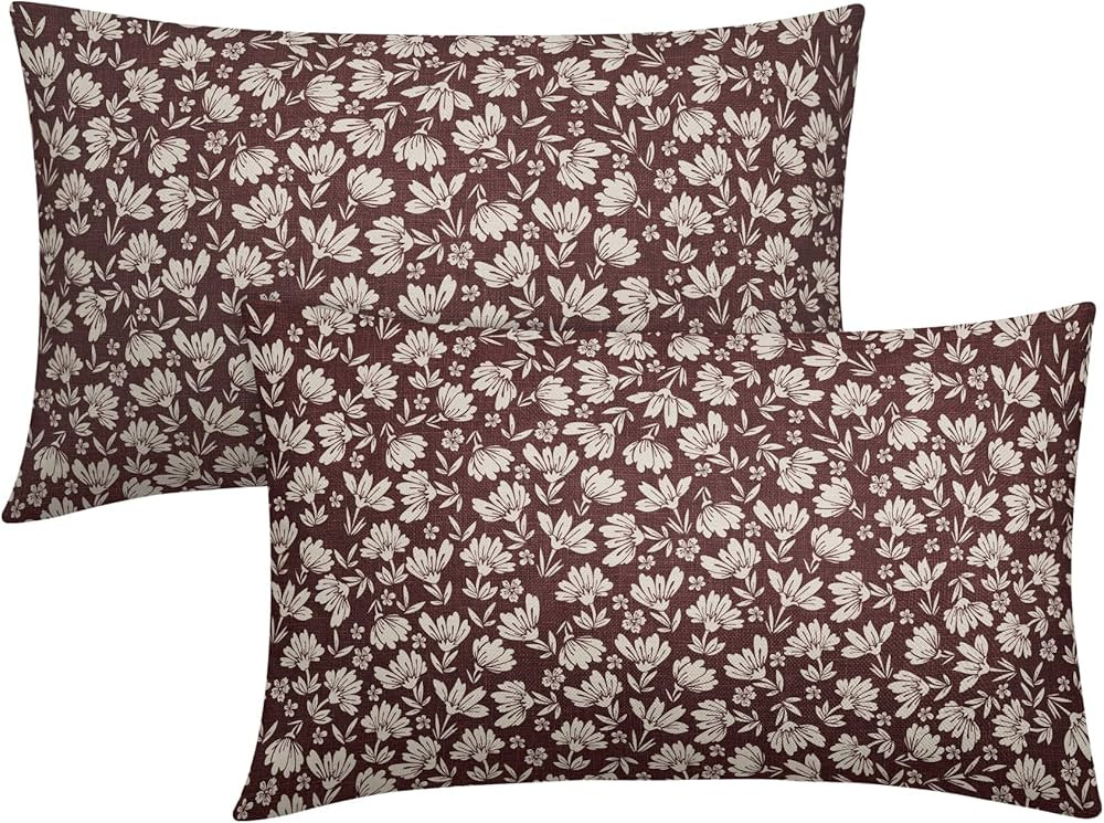 Burgundy Daisy Floral Lumbar Pillow Covers 12X20 Inch Vintage Flowers Cases Set of 2 - Cotton Lin... | Amazon (US)