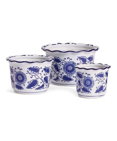 Porch & Petal Blue & White Baroque Dynasty Scallop Porcelain Planter - Set of Three | Zulily