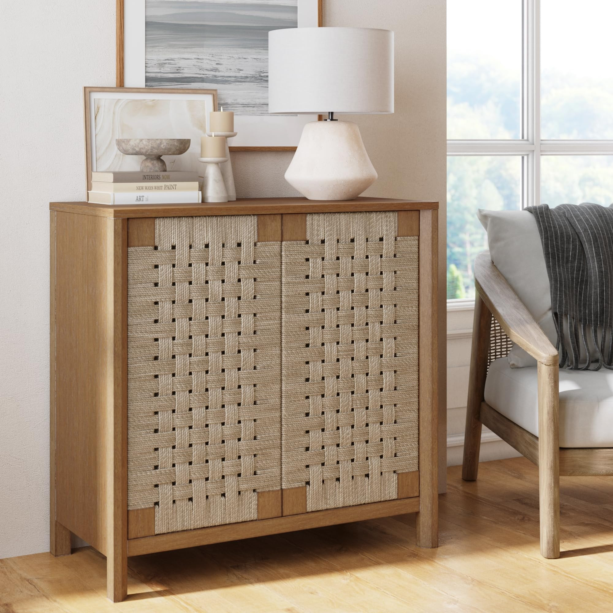 Nathan James Aerie Rustic Wood Cabinet, Boho Living Room Storage Cabinet with Seagrass Door Panel... | Amazon (US)