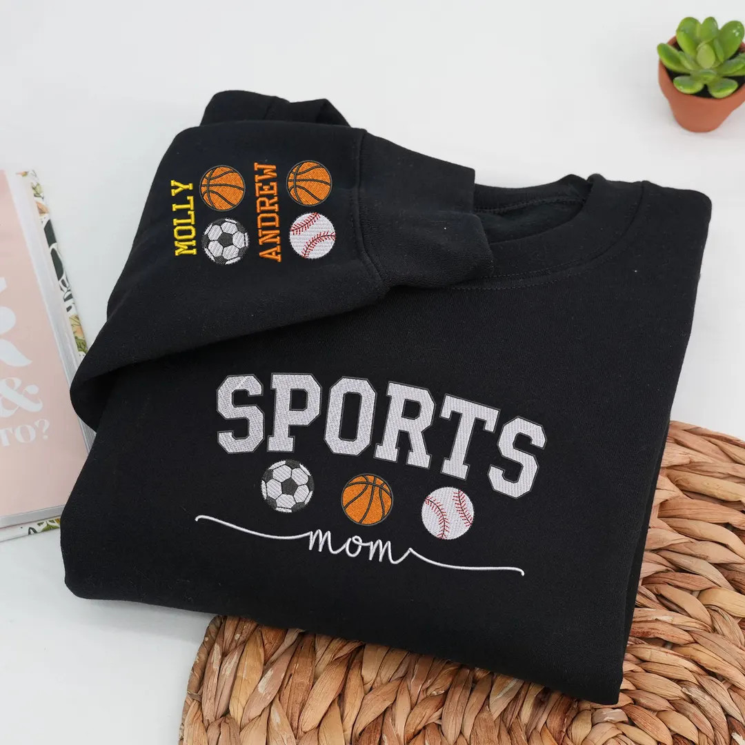 Embroidered Sports Mom Sweatshirt with Kids Names on Sleeve, Personalized Soccer Basketball Baseb... | Etsy (US)