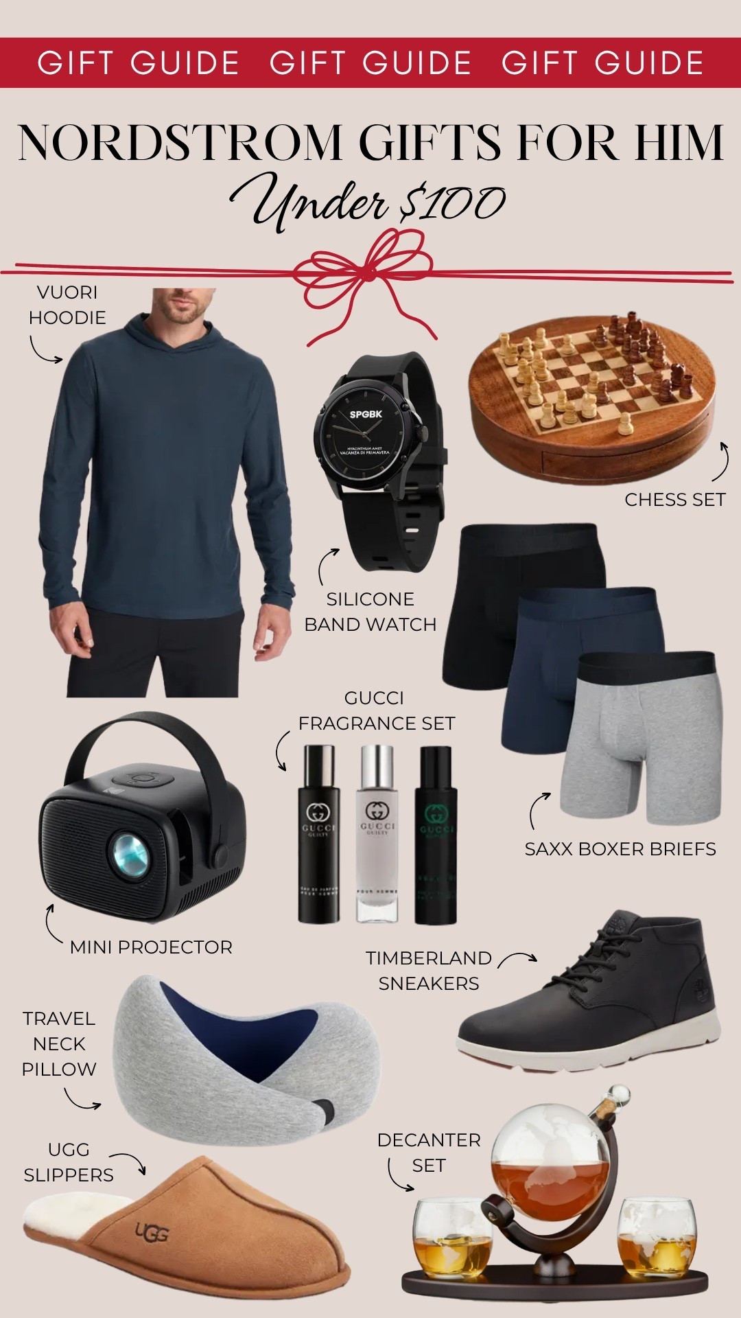 Nordstrom gifts for him - under $100. Picks include a Vuori hoodie, a silicone band watch, chess set, mini projector, a Gucci fragrance set, Saxx boxer briefs, a travel neck pillow, Timberland sneakers, travel neck pillow, Ugg slippers, and a decanter set.

Gifts for men, gifts for dad, gifts for him, men’s gift guide, gifts under 100, holiday gift guide

#LTKFindsUnder100 #LTKGiftGuide #LTKMens