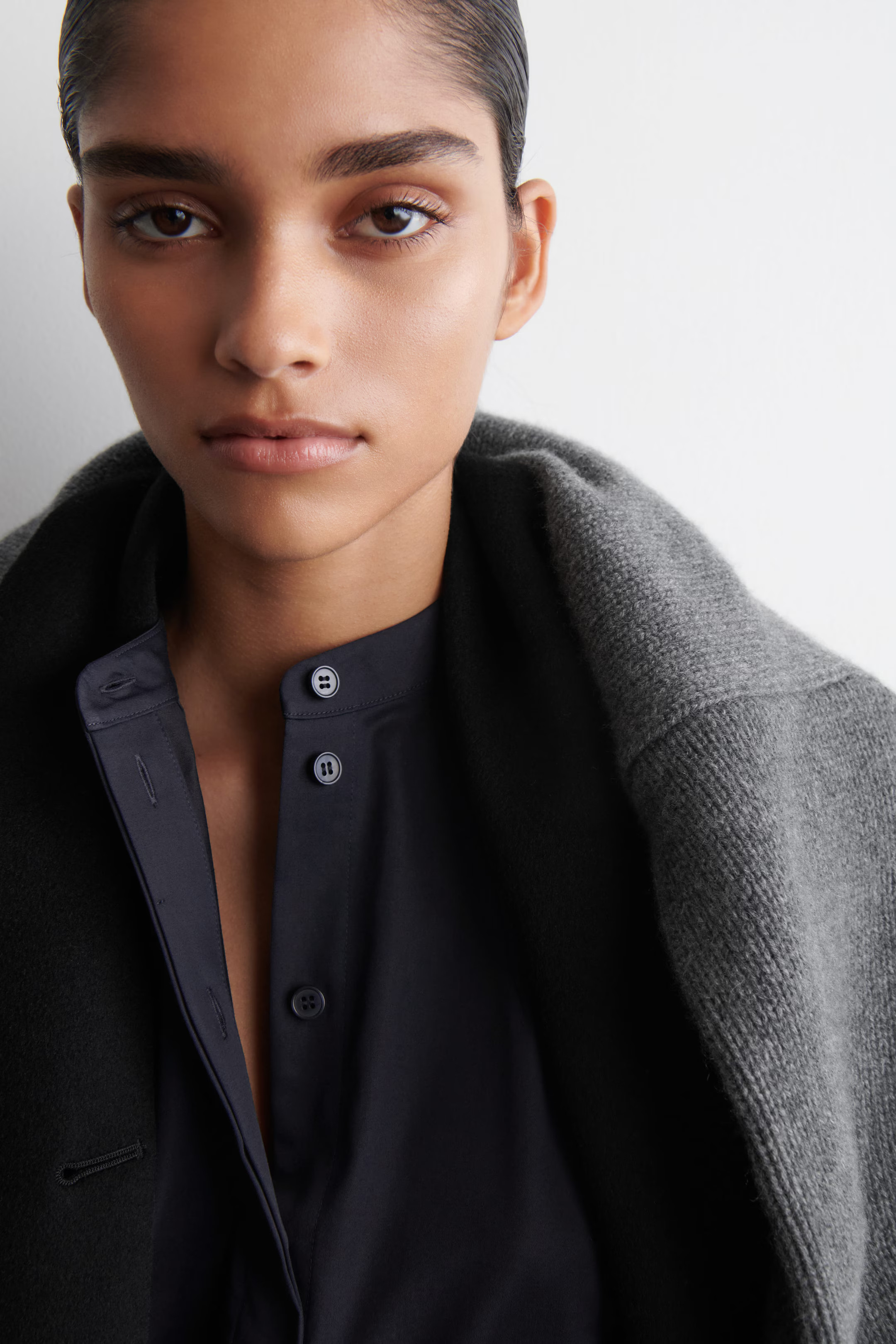 COLLARLESS COTTON SHIRT - NAVY | COS GB | COS UK