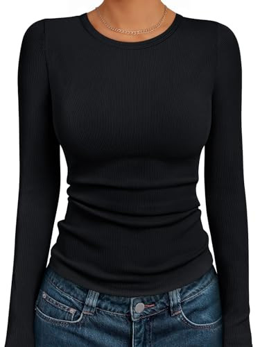AUTOMET Women's Ribbed Long Sleeve Basic Top - Soft Stretch Crewneck Shirt for Work & Casual | Amazon (US)