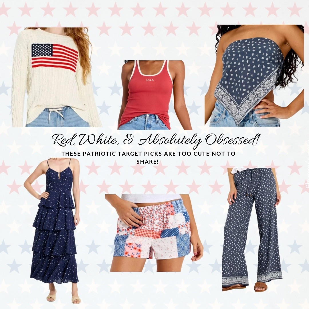 Target is winning for Fourth of July outfits right now 🇺🇸 American flag cable knit sweater, red USA ribbed tank, navy bandana print tube top, navy tiered ruffle maxi dress, patchwork print shorts, and navy wide-leg pants — all so budget friendly and so incredibly cute. Everything is linked right here!

#LTKootd #LTKSeasonal #LTKvlog
