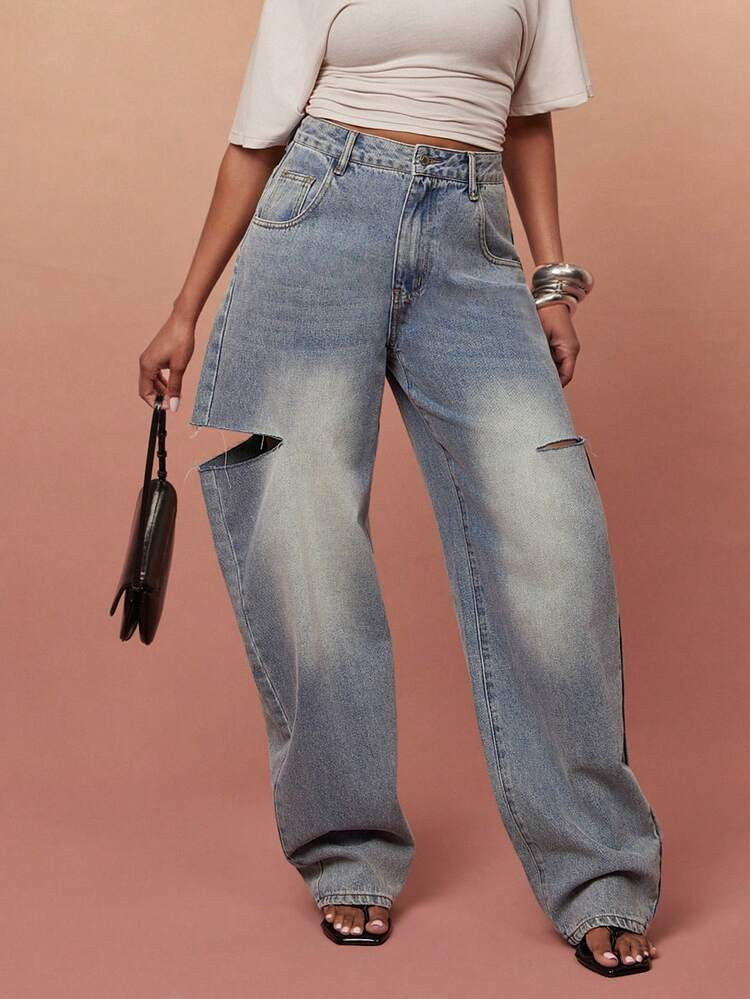 Vixey Side Cut Out High Rise Barrel Leg Jeans, Elevated Casual, Casual Chic, Everyday Style, Off ... | SHEIN