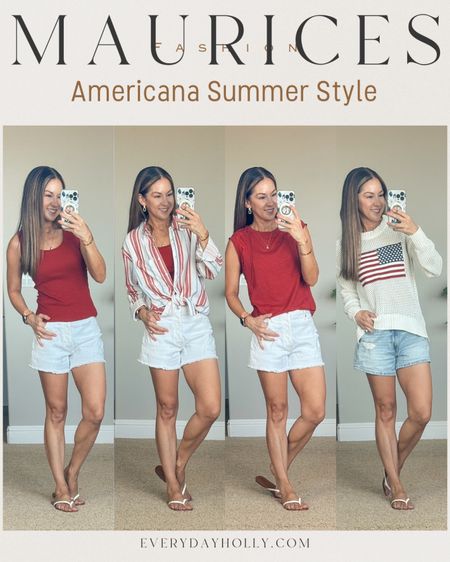 💥Sale at maurices‼️
save up to 65%! Shorts, tanks, sandals, and more $8 to $20. 
Fourth of July outfits, patriotic outfits, Americana
Denim shorts, white denim shorts, soft tanks that you can wear a regular bra with the cutest American flag sweater. Striped red, white and blue button-down, super soft and great for layering.
For Reference: I’m 5’1” 107lbs
White shorts - 0 TTS 
Denim  Shorts - 0 (size down)
Tops all size XS

#LTKFindsUnder50 #LTKStyleTip #LTKSaleAlert