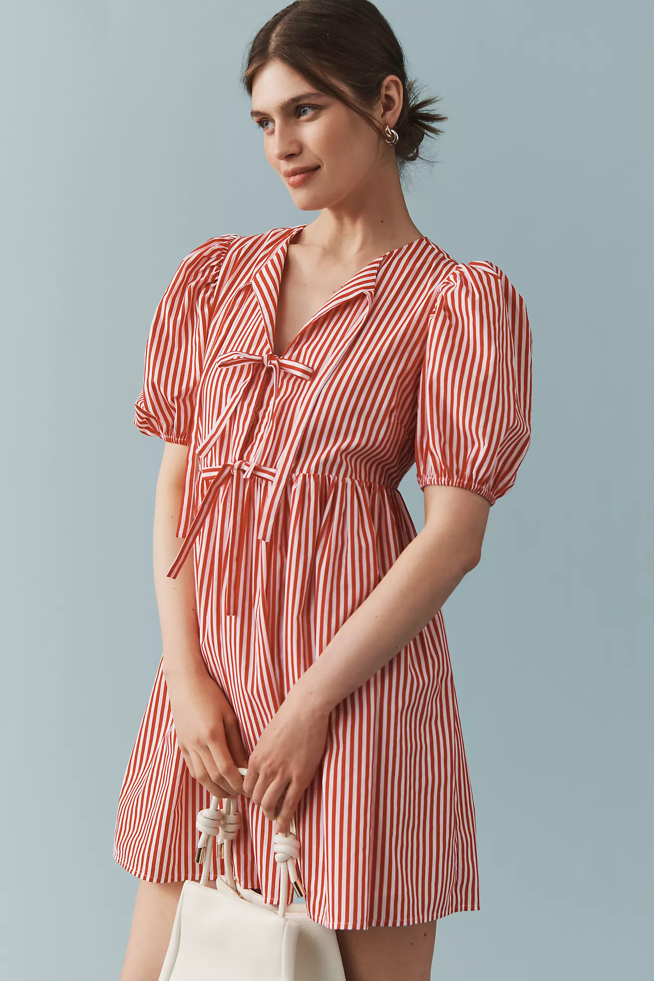 English Factory Puff-Sleeve Bow-Front Mini Dress | Anthropologie (US)