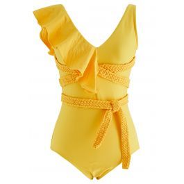 Braided Strap Ruffle Trim Swimsuit in Yellow | Chicwish