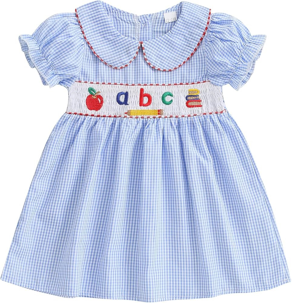 Toddler Baby Girl Back to School Outfit First Day of School Pre K Plaid Smocked Short Sleeve Dres... | Amazon (US)