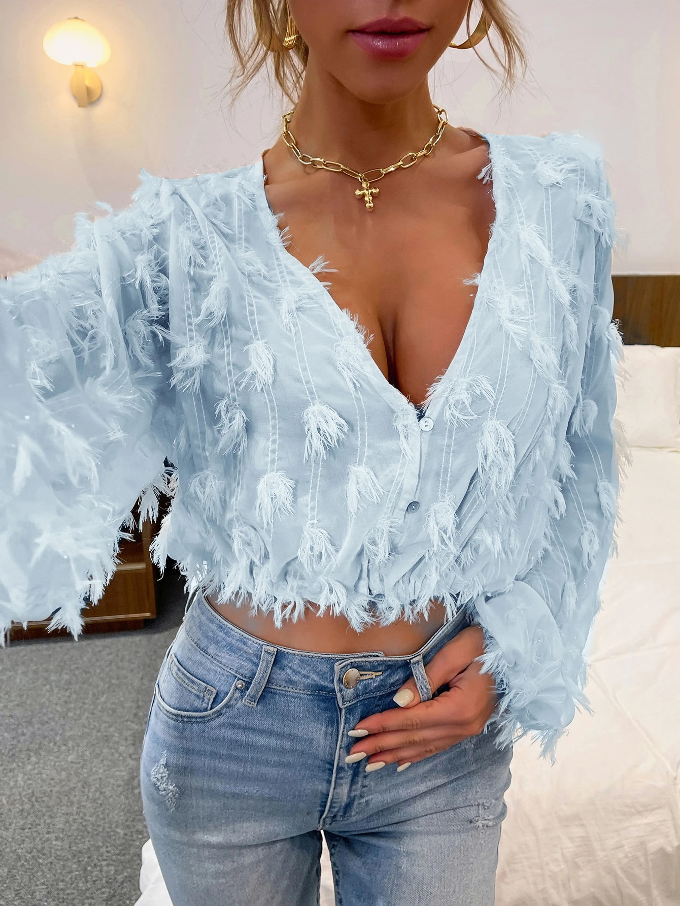 Fringe Overlay Chiffon Crop Blouse | SHEIN