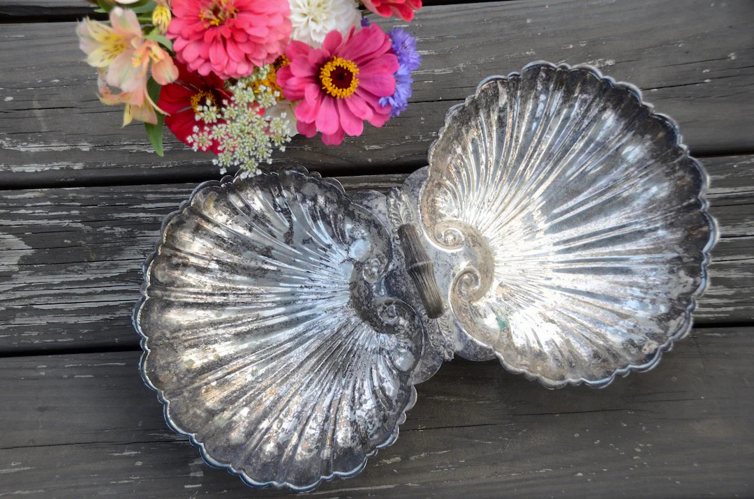 Vintage SILVER Plated Divided SHELL SERVING Dish Heavily Patina'd Tarnished Silver Sectioned Dish... | Etsy (US)