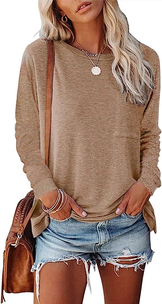 YESNO Women Casual Loose Long Sleeve Shirts Crewneck Solid Tops Pullover Sweatshirts with Pocket ... | Amazon (US)