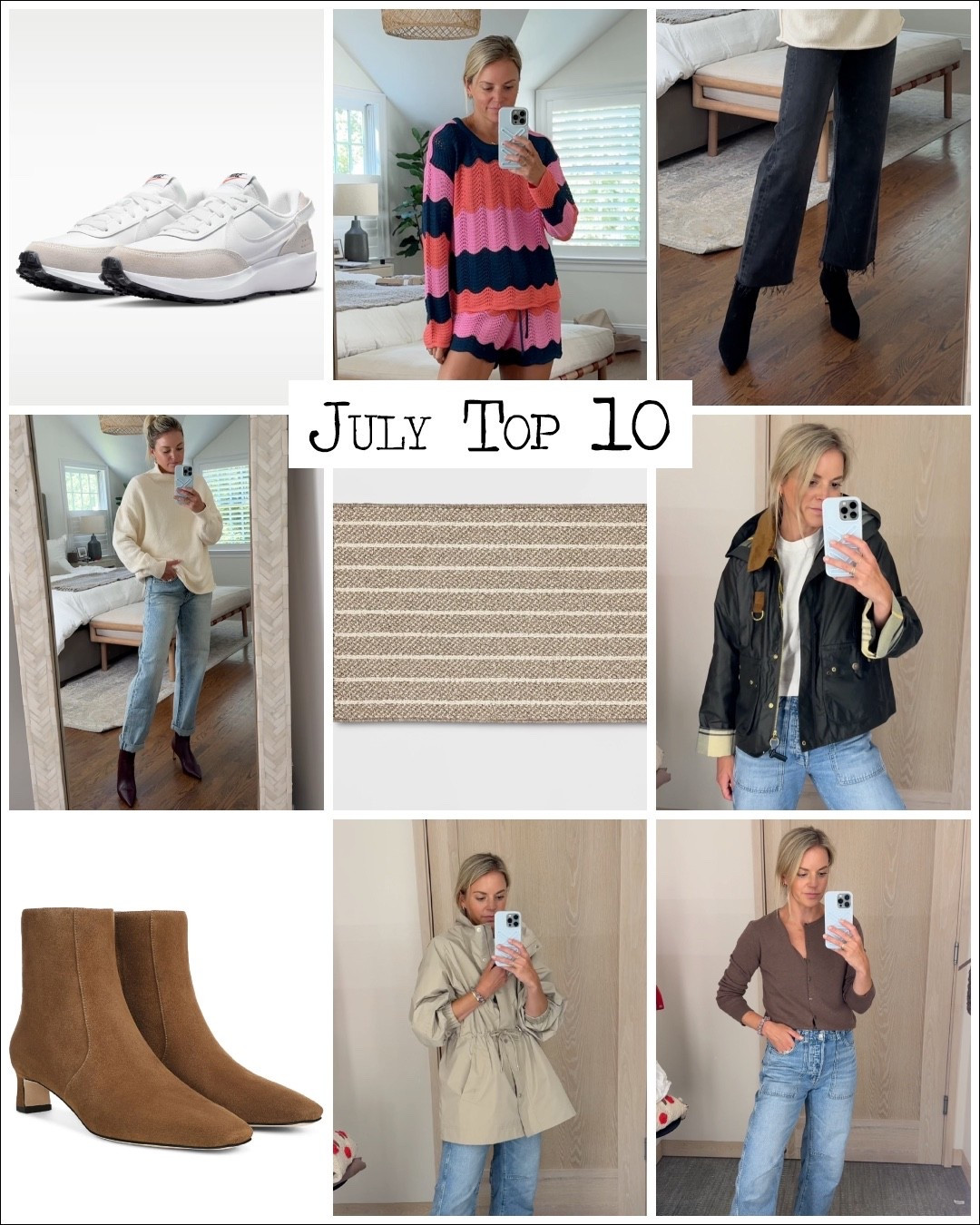 July’s top 10 follower favorites ✨
1. Cardigan - size small 
2. Grey Rain jacket - US6, need a 4/tts 
3. Vince Booties - I ordered tts 
4. Waxed olive jacket - US4/tts
5. $20 accent rug 
6. Oversized sweater - XS, runs oversized
7. Black Suede Booties - fit tts + comfy 
8. Colorblock cover up - small top/tts + medium shorts 
9. Splash pad under $100
10. Nike sneakers under $50 - go with your usual Nike size

#LTKSaleAlert