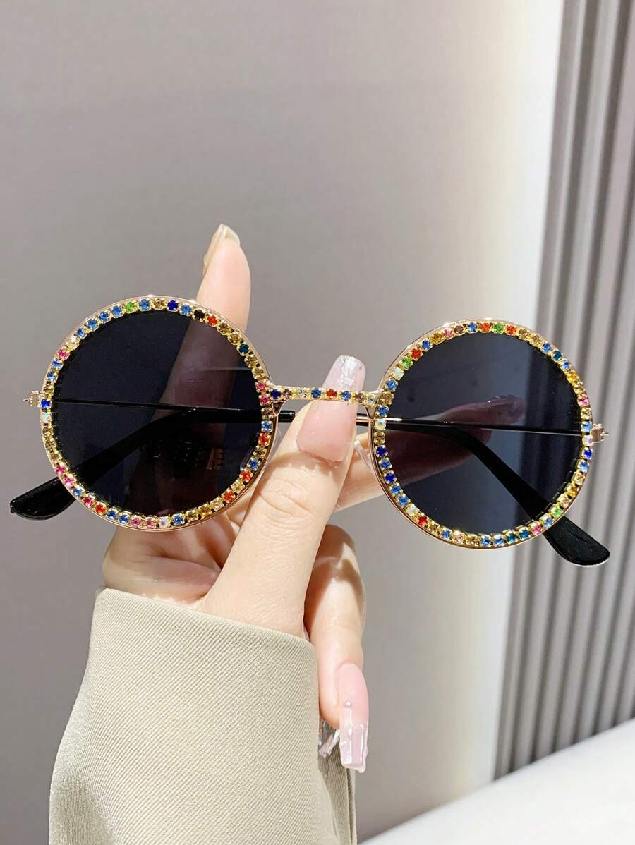 Round Sunglasses With Rhinestone For Men And Women, Metallic Y2K Style Decoration For Fashion, St... | SHEIN