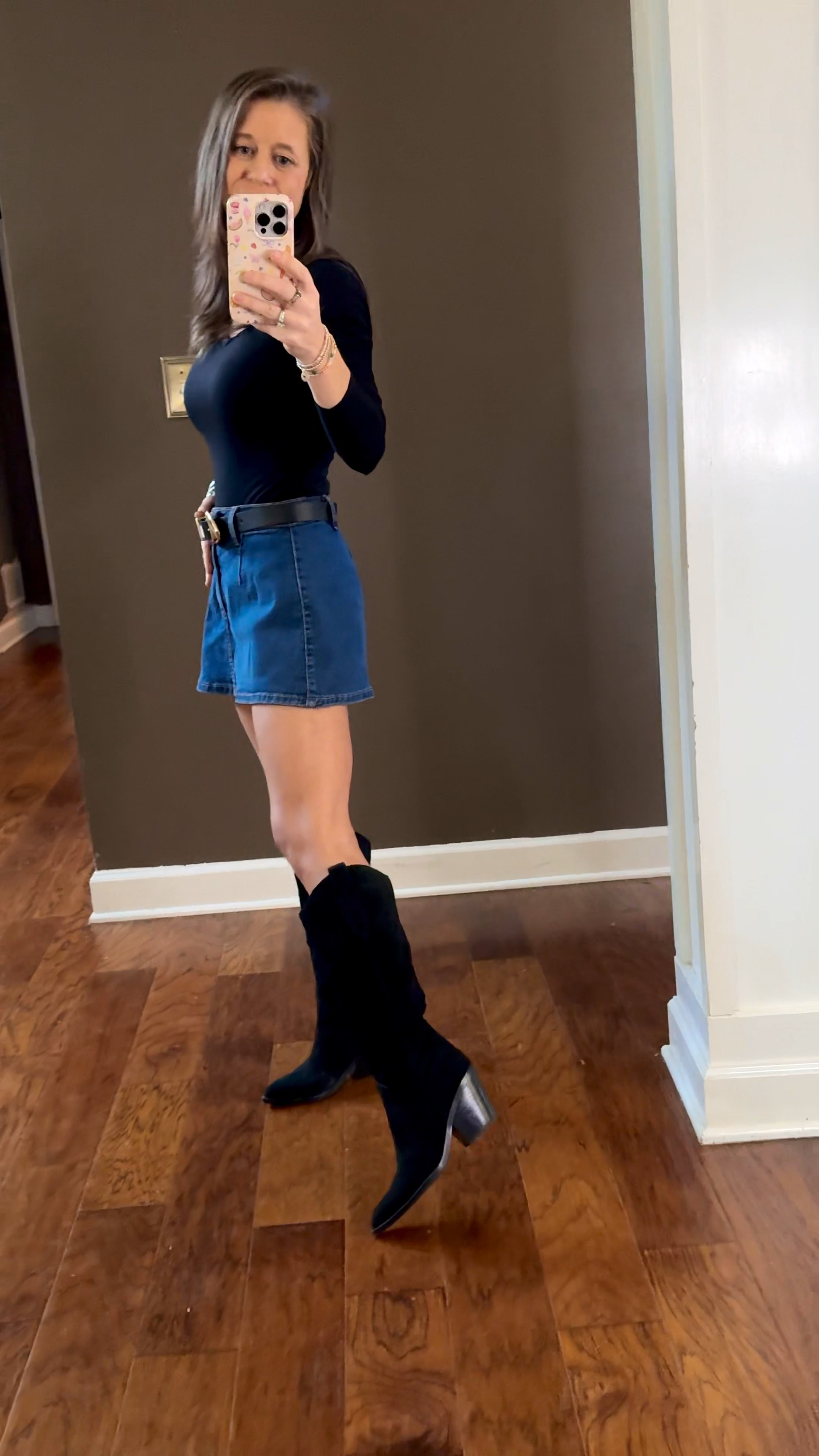 Denim Skort All Year Long & my favorite black boots 
Wearing an XS in the skort

Linking a look alike boot option also since mine are low in stock 

Jean skirt | denim | black boots | skort 

#LTKSaleAlert #LTKootd #LTKPetite
