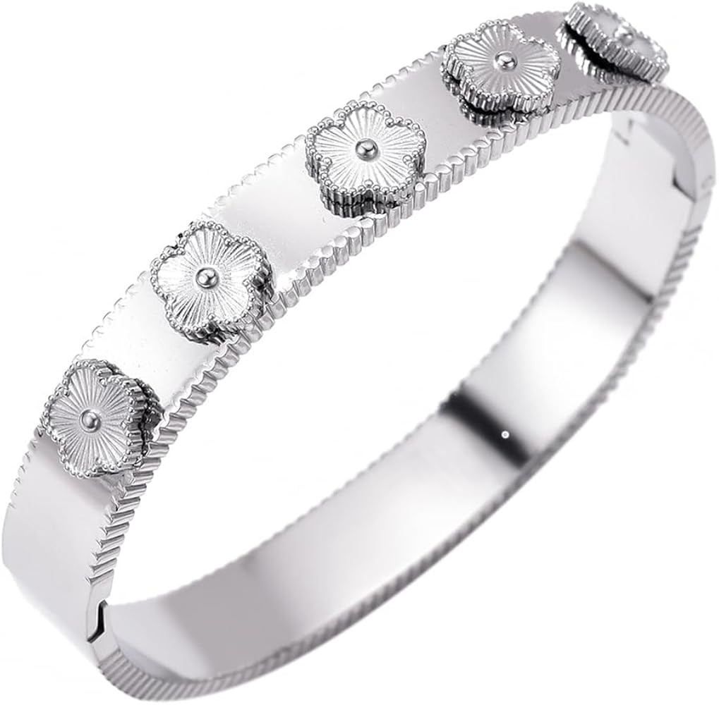 Clover Bracelet Bangle for Women 14K Gold Plated Stainless Steel Lucky Jewelry | Amazon (US)