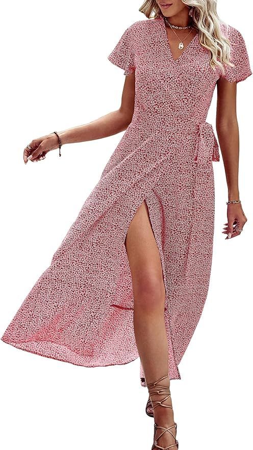 PRETTYGARDEN Women Boho Summer Side Split Deep V Neck Short Sleeves Maxi Dress with Belt | Amazon (US)