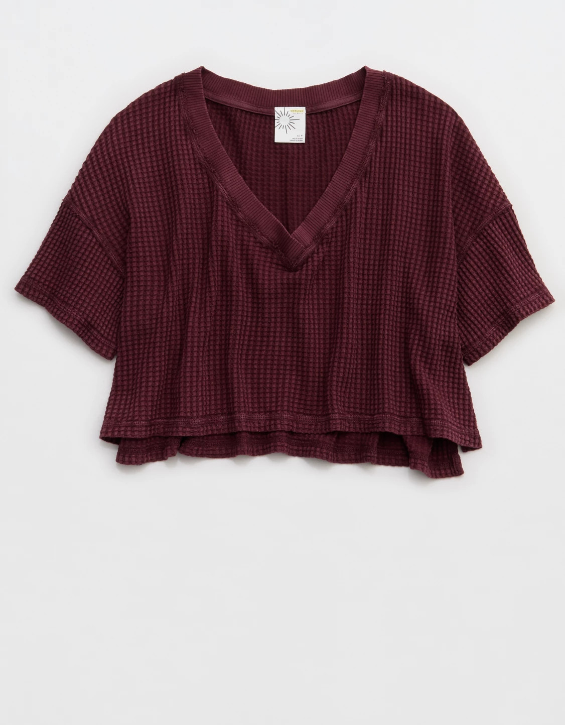 OFFLINE By Aerie Wow! Waffle V Neck Cropped Relaxed Short Sleeve T-Shirt | Aerie