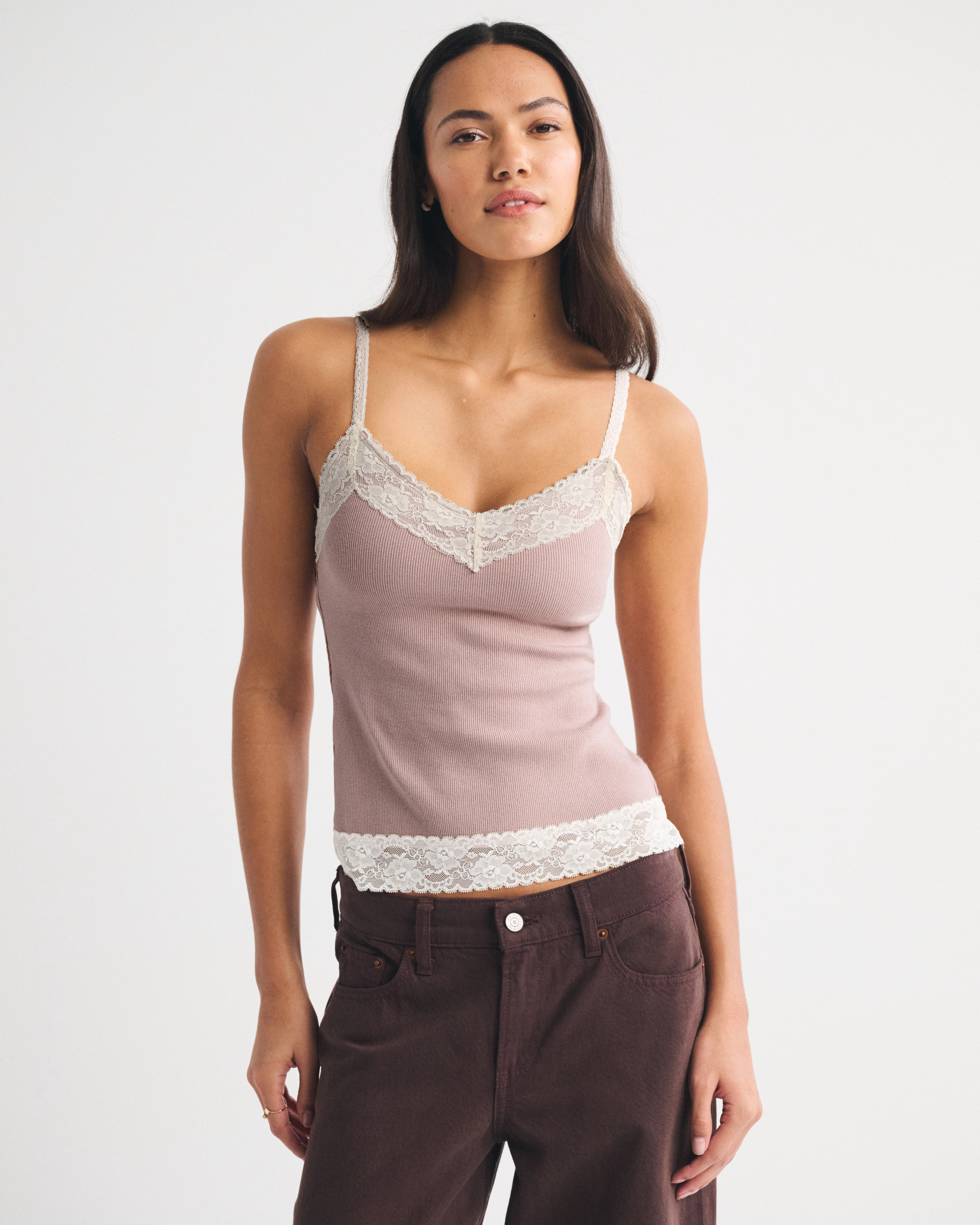Bra-Free Lace-Trim Rib Cami | Abercrombie & Fitch (US)