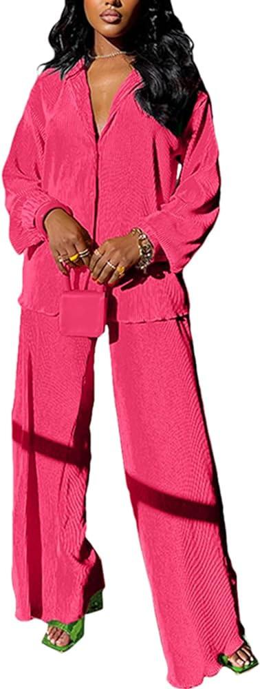 kaimimei Casual 2 Piece Outfit for Women - Linen Long Sleeve Button Down Shirt + Flare Pleated Wi... | Amazon (US)