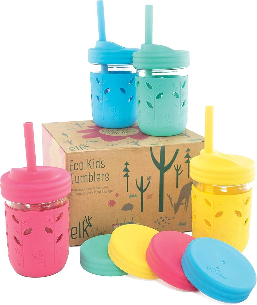 Elk and Friends Kids & Toddler Cups | The Original Glass Mason jars 8 oz with Silicone Sleeves & ... | Amazon (US)