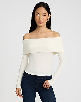 Fitted Ribbed Off The Shoulder Overlay Tee | Express