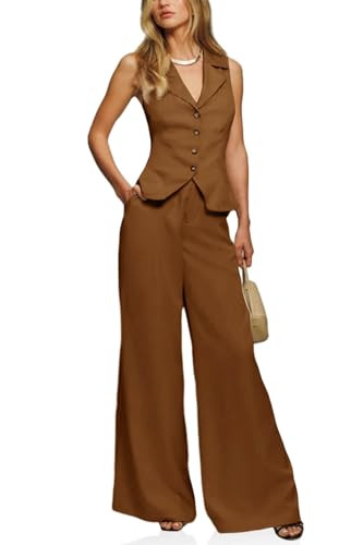 Cicy Bell Womens Vest Sets Summer 2 Piece Outfits Button Crop Blazer Vest and Wide Leg Pant Suits Brown | Amazon (US)