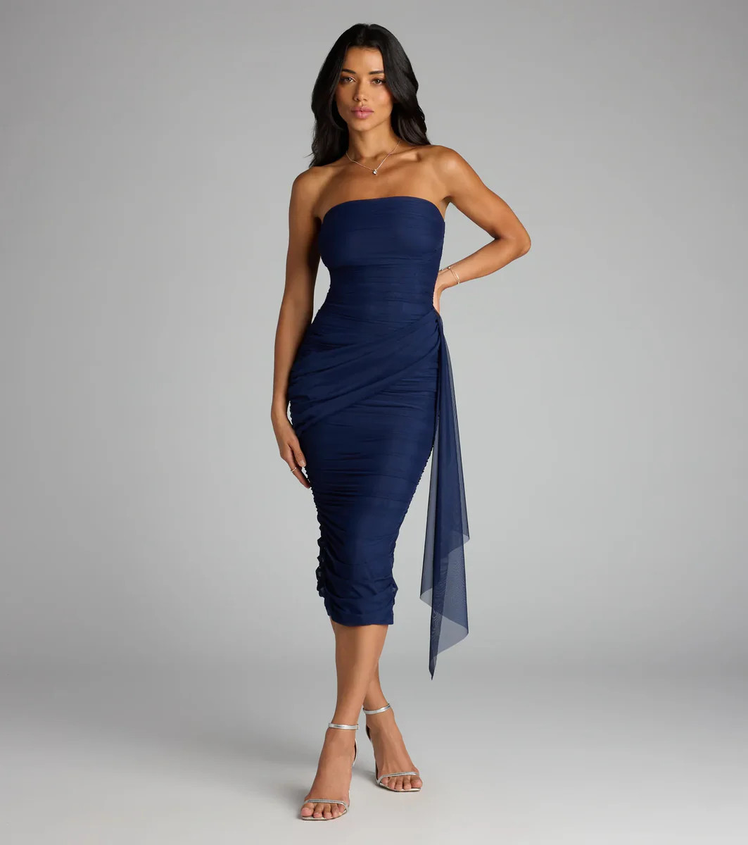Own The Room Strapless Mesh Midi Dress | Windsor Stores
