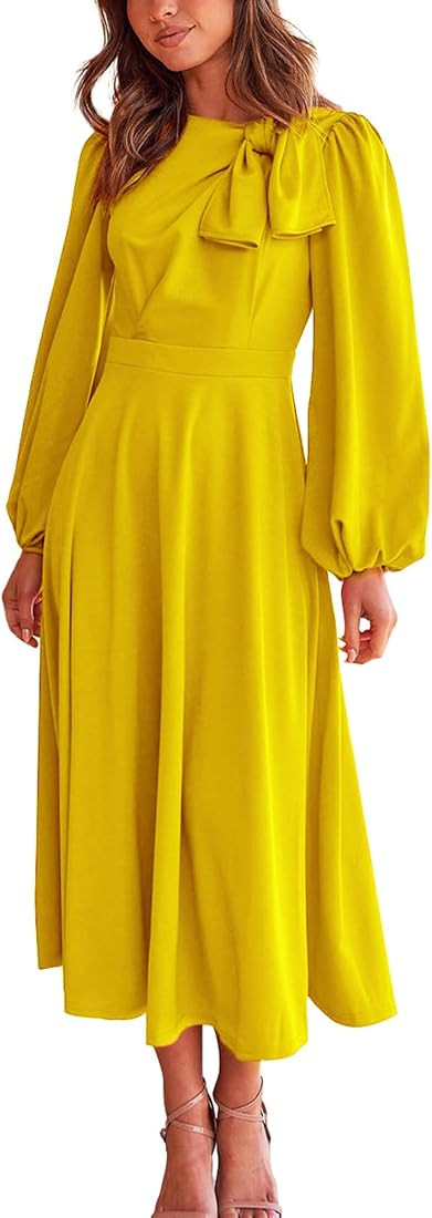 BTFBM Women's 2023 Formal Maxi Dress Puff Long Sleeve Crewneck Bow Tie A-Line Long Flowy Wedding ... | Amazon (US)