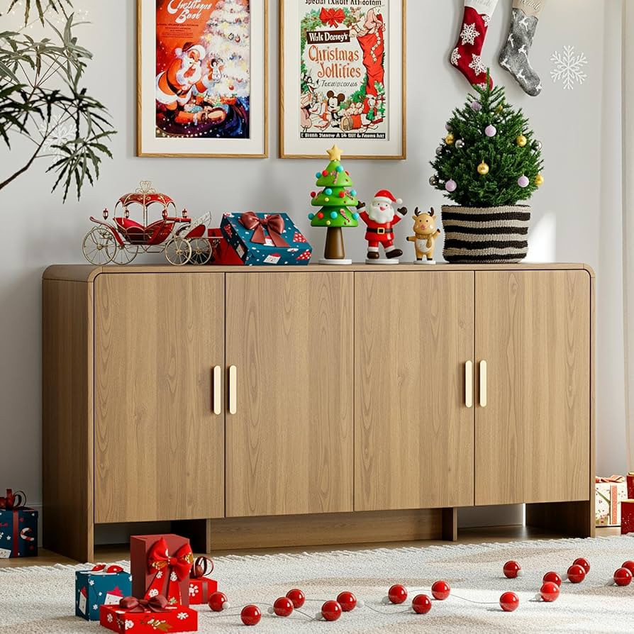 ONBRILL 60" Sideboard Buffet Cabinet with Storage, Curved Design Farmhouse Coffee Bar Cabinet wit... | Amazon (US)