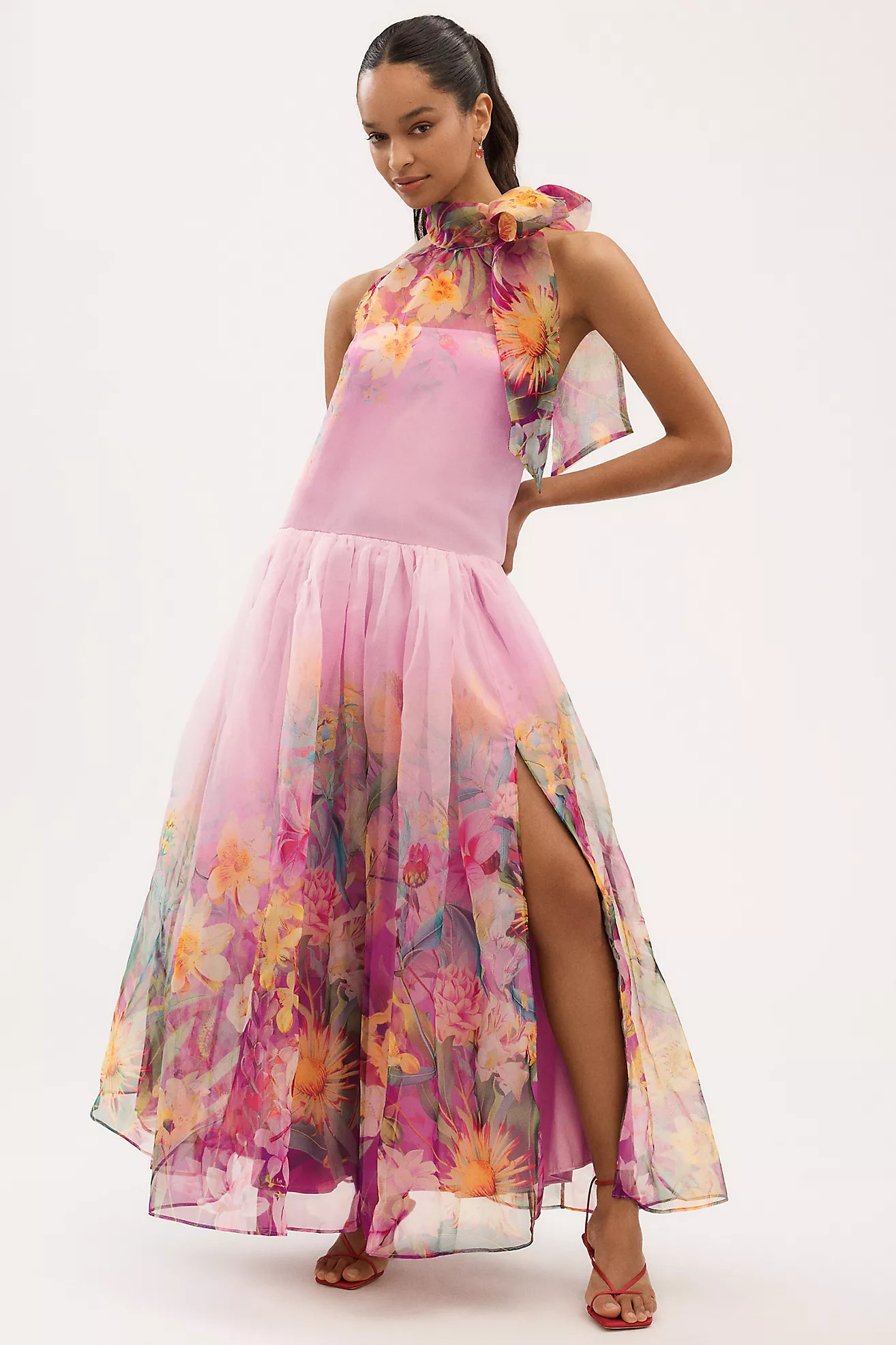 BHLDN Kendall High-Neck Scarf Floral Organza Maxi Dress | Anthropologie (US)