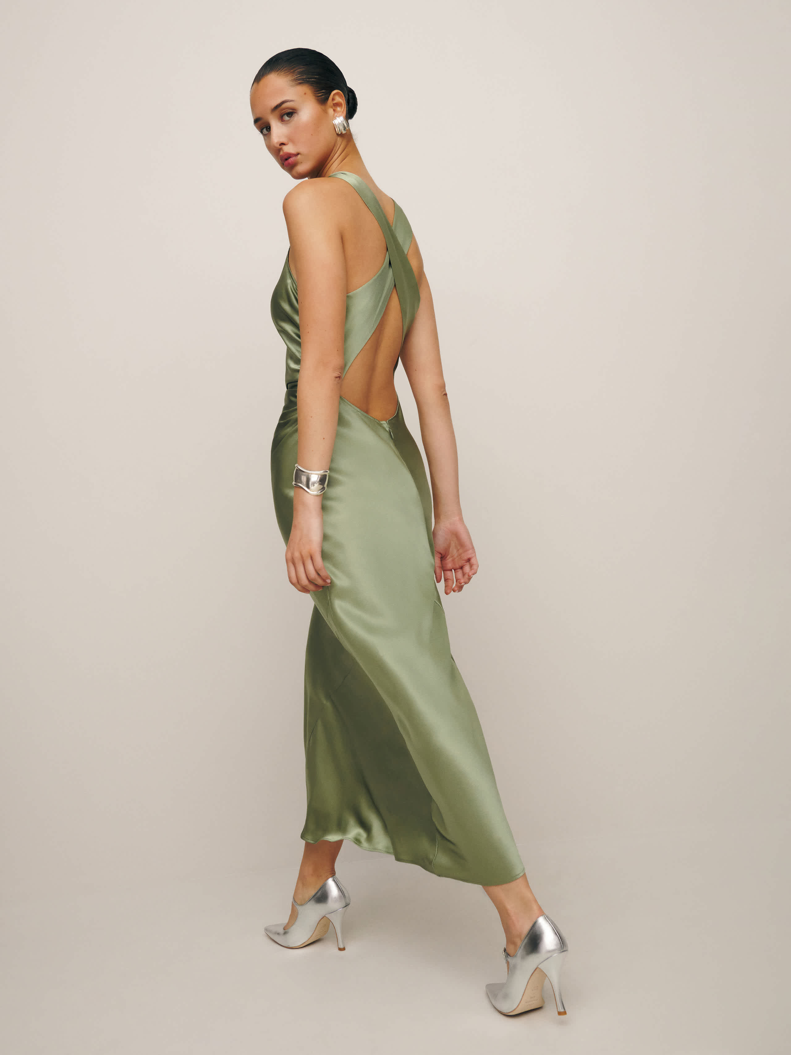 Reformation Petites Casette Silk Dress Green 10P | Reformation (Global)
