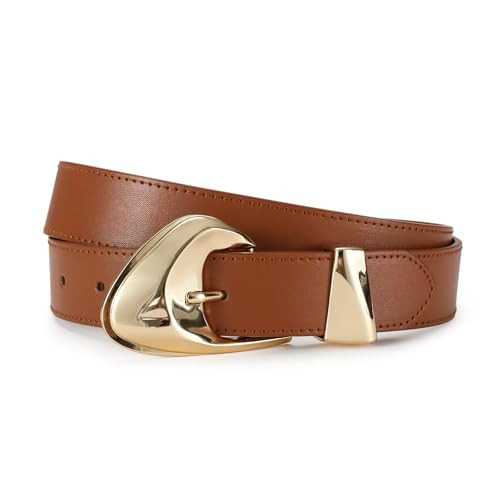 AI DEEBLUE Brown Leather Belts for Women Brown Belt Gold Buckle belt for Dresses Jeans | Amazon (US)