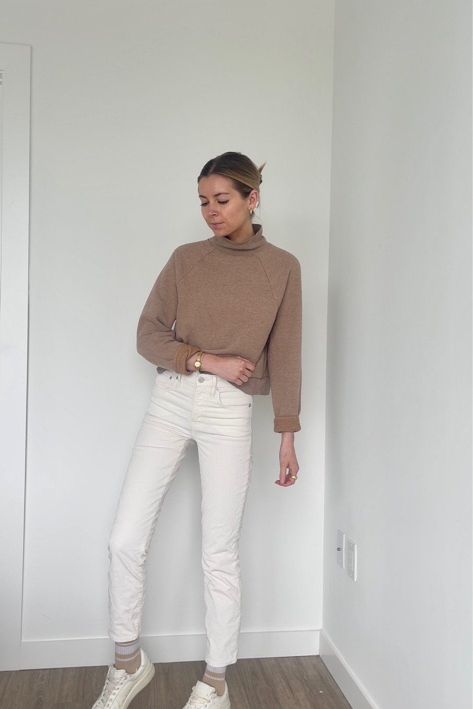 Work from home spring outfit. White corduroys, brown mock neck sweatshirt, white golden gooses and gold accessories. 

Preppy, classic, capsule closet, neutral 



#LTKstyletip #LTKunder100 #LTKworkwear
