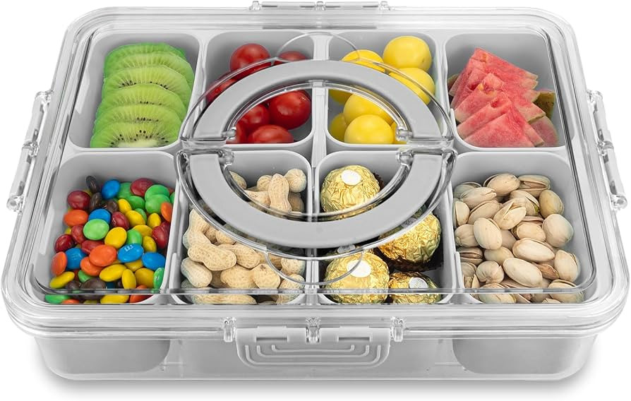 Divided Serving Tray with Lid and Handle,8 Compartments Snacks Box,Snack Fruit and Veggie Tray,Po... | Amazon (US)