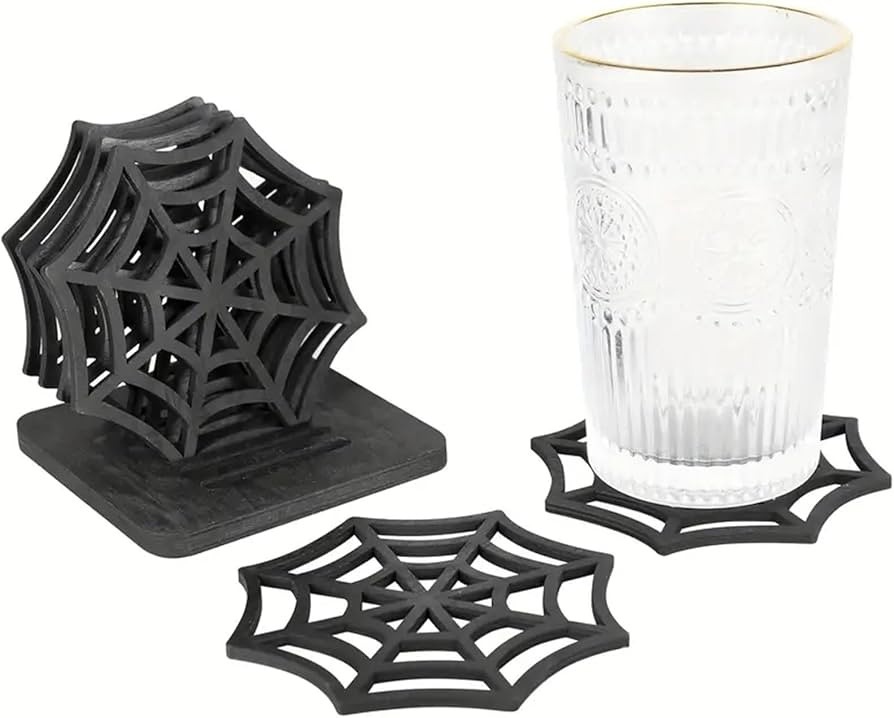 Halloween Drink Coasters Set, 6 Pcs Spider Web Coasters, 4 inch Black Coaster Cup Mat Pad, with C... | Amazon (US)