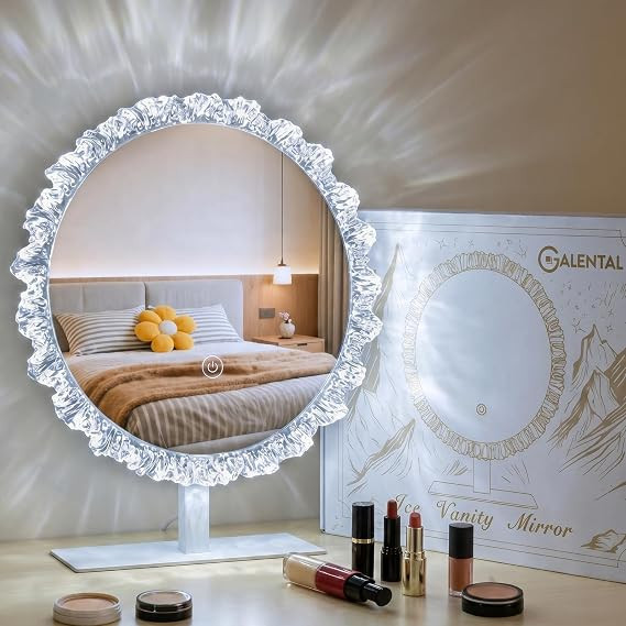 Round Vanity Mirror with Lights, 16" Crystal Frame, Touch Control | Silver Round Vanity Mirror wi... | Amazon (US)