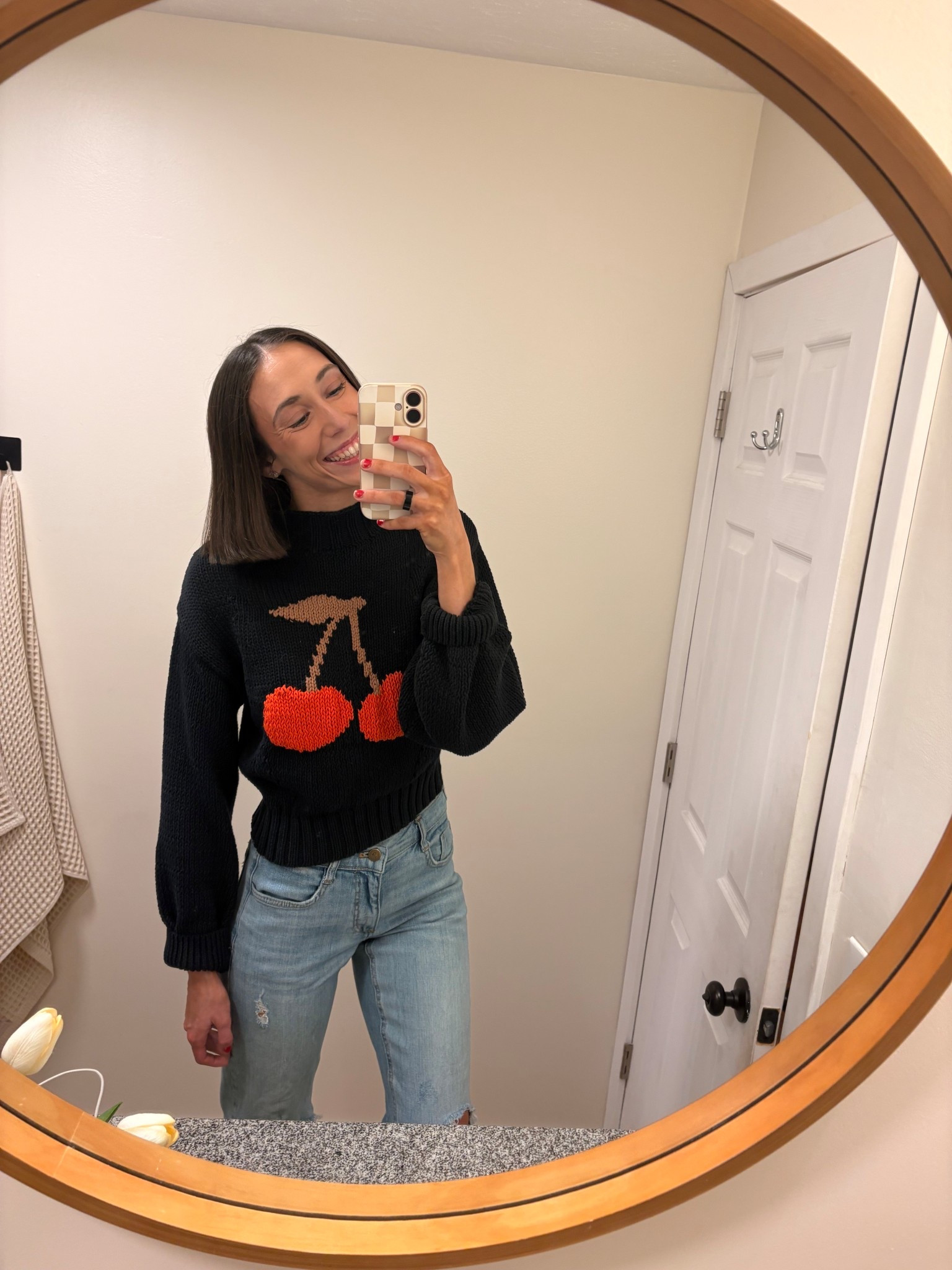 Cutest sweater for Valentine’s Day week! It’s giving festive vibes, but not full on Vday lol. Wearing XS in the sweater & 24 (size 00) in jeans! 🍒 

#LTKValentine #LTKBeauty #LTKootd