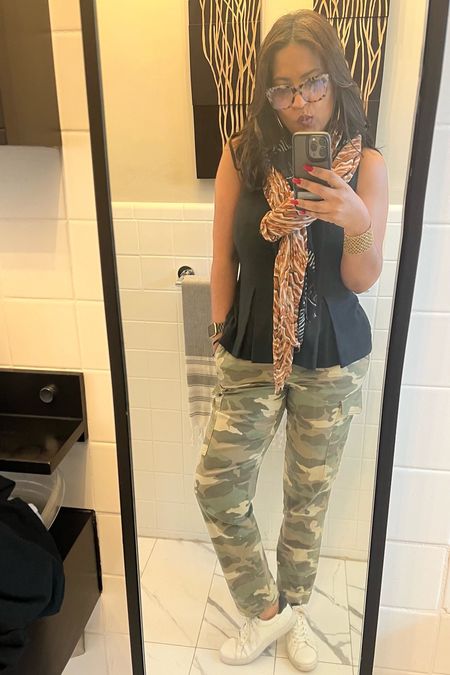 Hi ladies, here’s a fun casual stet style look to try - camp pants, this is a black peplum top (I included links to a couple I just bought), white tennis. This is a oldie-but-timeless scarf and I didn’t find anything similar that I personally
Love. So, I’m not sharing that. Finished it off with thin gold hoops, a gold mesh bracelet and my black Apple Watch. 🤗

#LTKstyletip #LTKfit #LTKsalealert