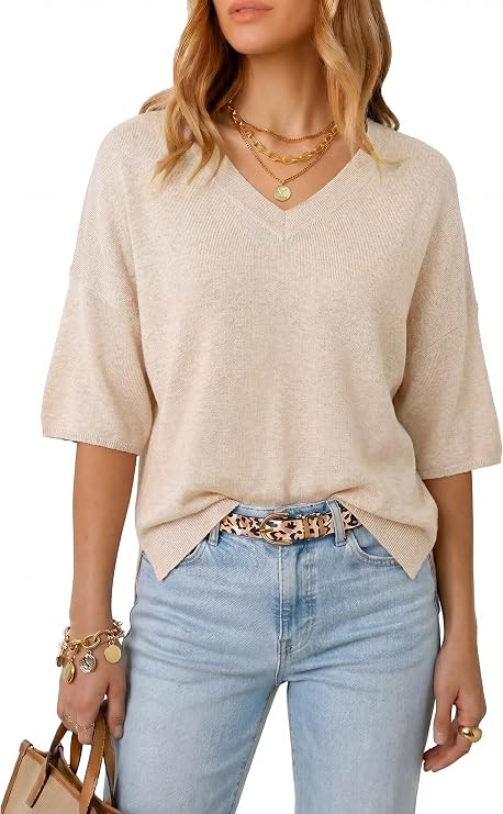 Arach&Cloz Women's Wool Blend Elbow Sleeve Summer Oversized Casual Sweater | Amazon (US)