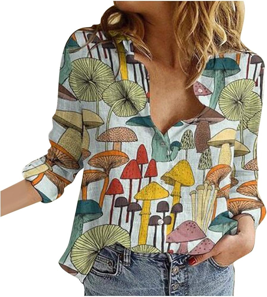 Womens Summer Tops Button Down Loose Lapel V Neck T Shirt Mushroom Print Cotton Linen Tees Shirts... | Amazon (US)