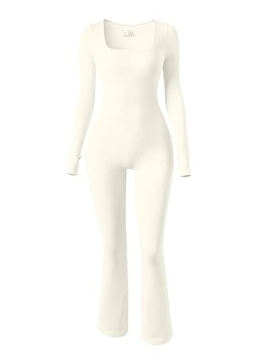 OQQ Women Yoga Jumpsuits Ribbed Exercise Long Sleeve Tops Bell Bottoms Flare Jumpsuits Beige | Amazon (US)