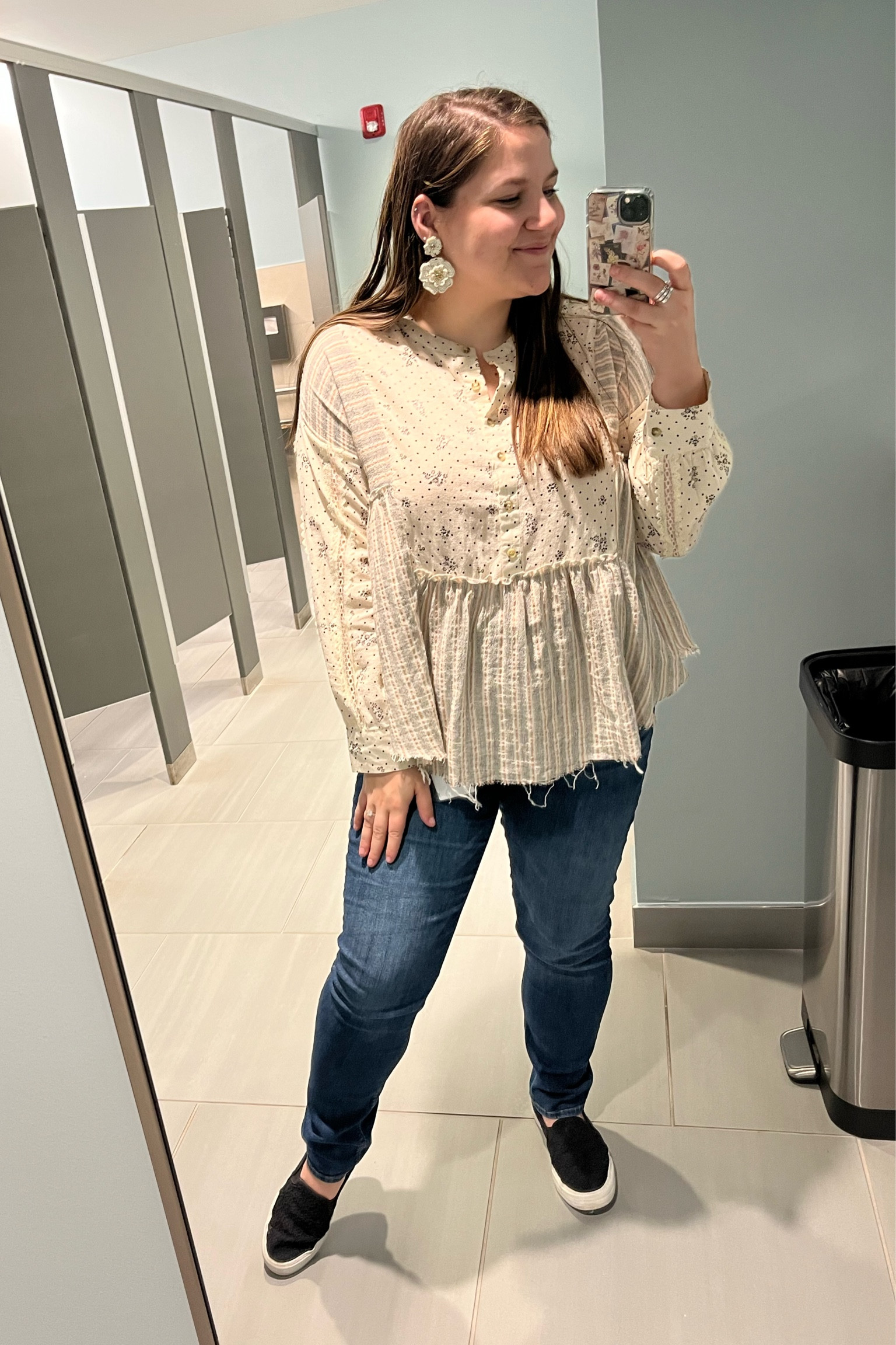Easel top, White House black market jeans, cream floral blouse, keds slip on crochet black sneakers, statement white flower earrings 

#LTKfit #LTKcurves #LTKstyletip