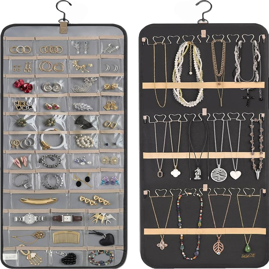 Hanging Jewelry Organizer Storage with Hanger Metal Hooks Double-Sided Jewelry Holder- Wall Mount... | Amazon (US)
