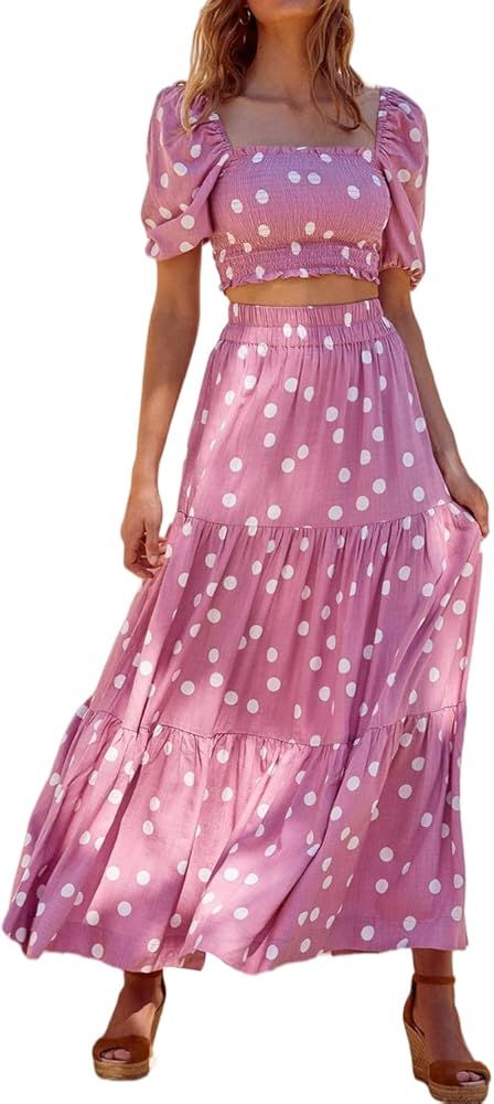 Rooscier Women's 2 Piece Outfit Polka Dots Shirred Crop Top Beach Maxi Skirt Set | Amazon (US)