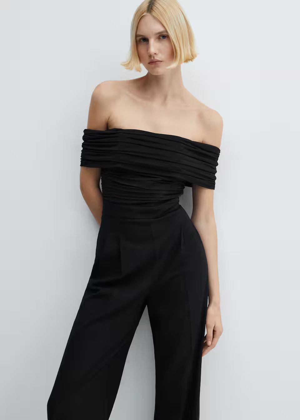 Off-the-shoulder jumpsuit with gathered detail | MANGO (US)