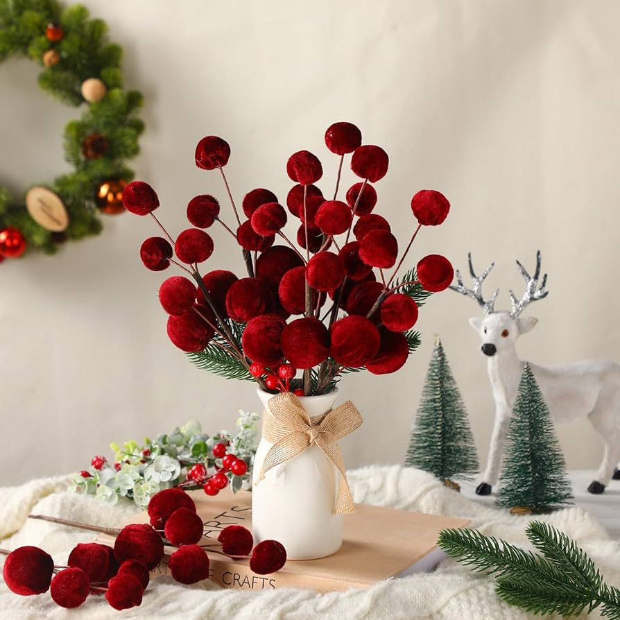 8 Pcs Burgundy Christmas Picks 14 inch Velvet Christmas Tree Ornaments Red Velvet Spheres Ball Pi... | Amazon (US)
